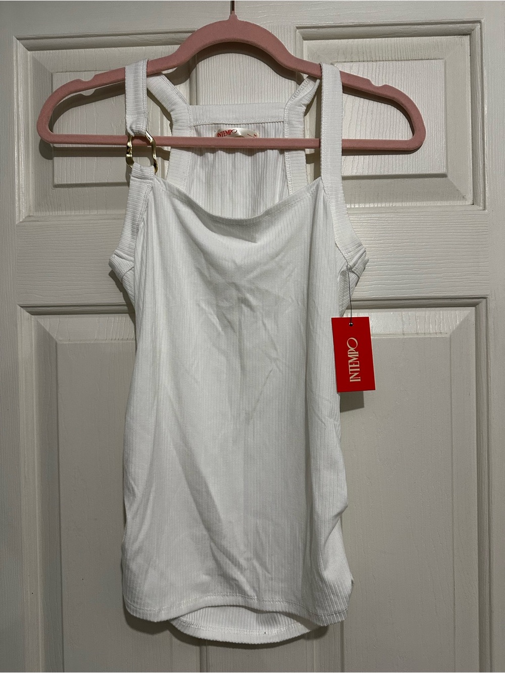 Intempo White Ribbed Tank Top with Gold Accent